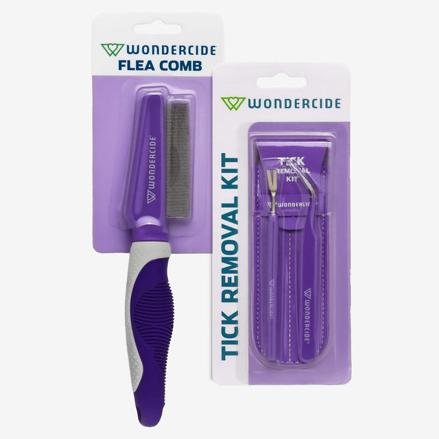 The Wondercide flea comb pictured next to the Wondercide tick removal kit