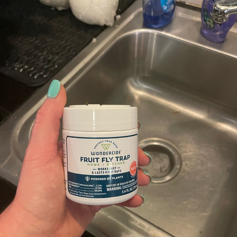 A person with turquoise nail polish holds a container of Wondercide Fruit Fly Trap in front of a kitchen sink. The label mentions its safe and powered by plants, designed for home and kitchen use, working within 24 hours and lasting up to 15 days.
